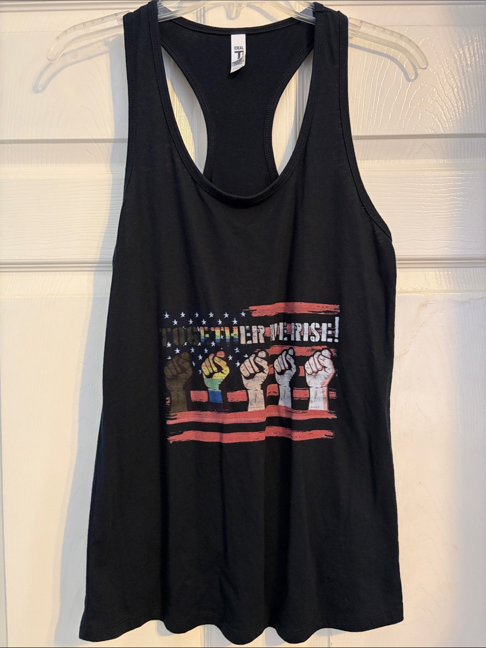 Black Graphic Racerback Tank with Multicolor Fist Design